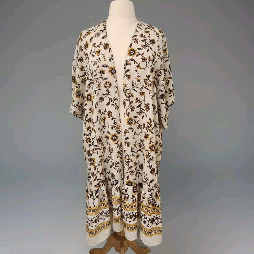 Kimono Cardigan Duster Cream Brown Yellow Floral Print Ruffle Hem Small - 2X